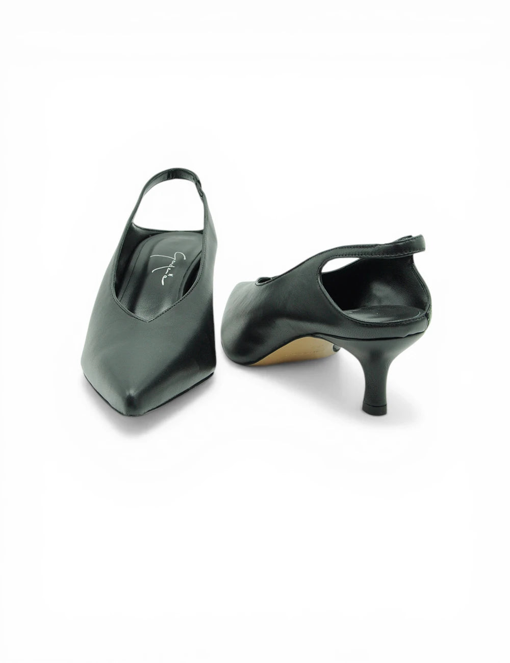 Gardenia décolleté slingback nera in vernice nera con punta a punta e tacco basso sottile