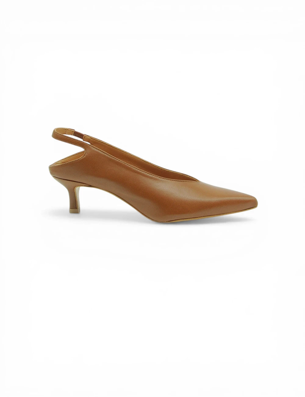 Gardenia décolleté slingback cuoio tan leather pump with pointed toe and low heel visible from the back side