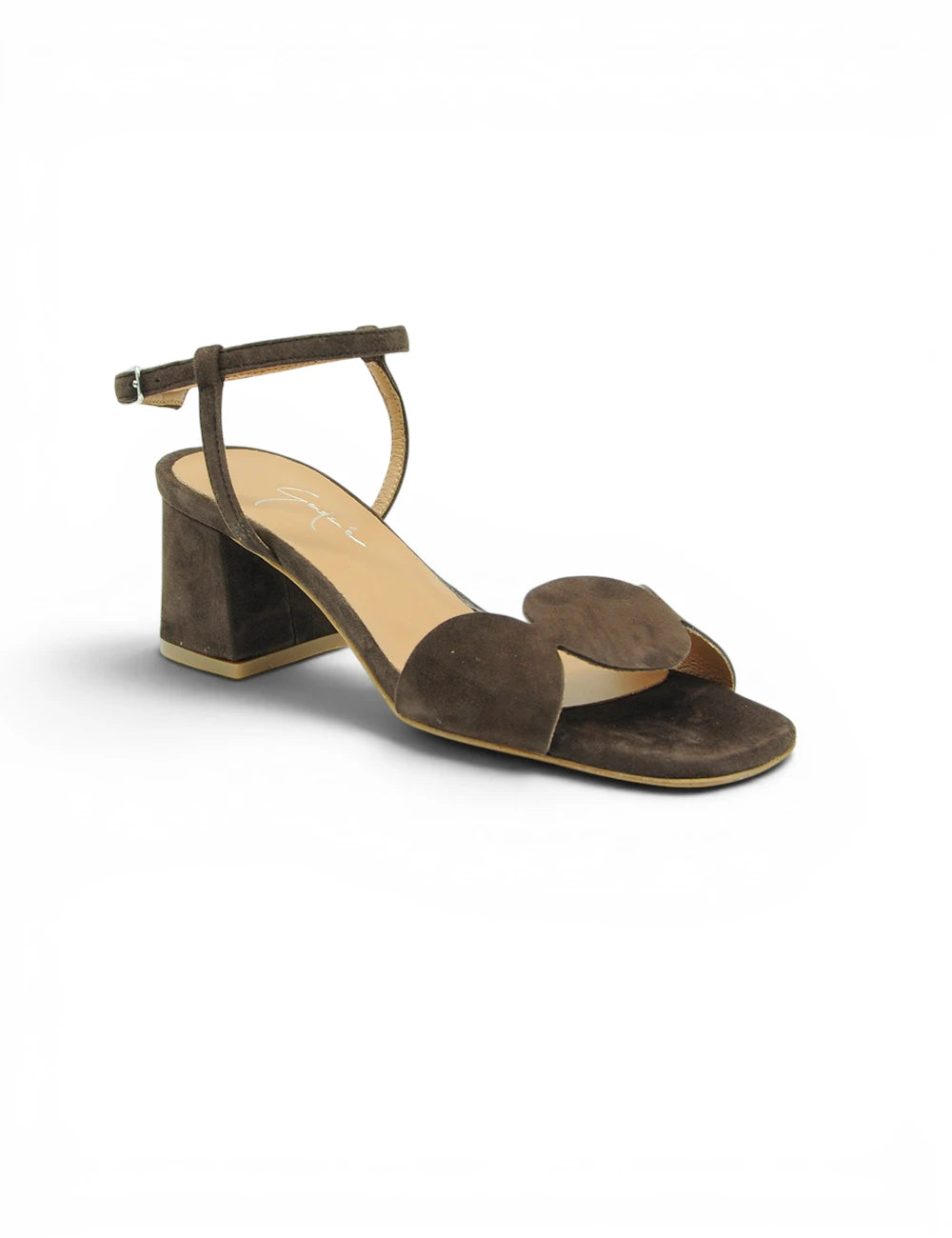 Brown sandal gardenia testa moro in suede with chunky heel and ankle strap visible from the back