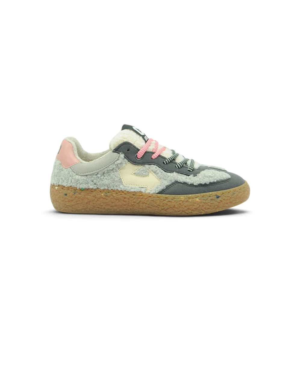 Sneaker id eight teddy pearl in suede grigio e crema con lacci rosa suola in gomma e interno morbido imbottito