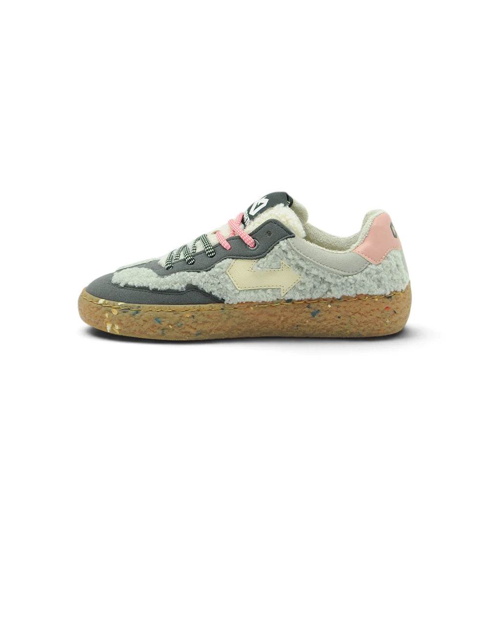 Sneaker id eight teddy pearl color pastello con tomaia grigia e verde chiaro dettagli in sughero e lacci rosa