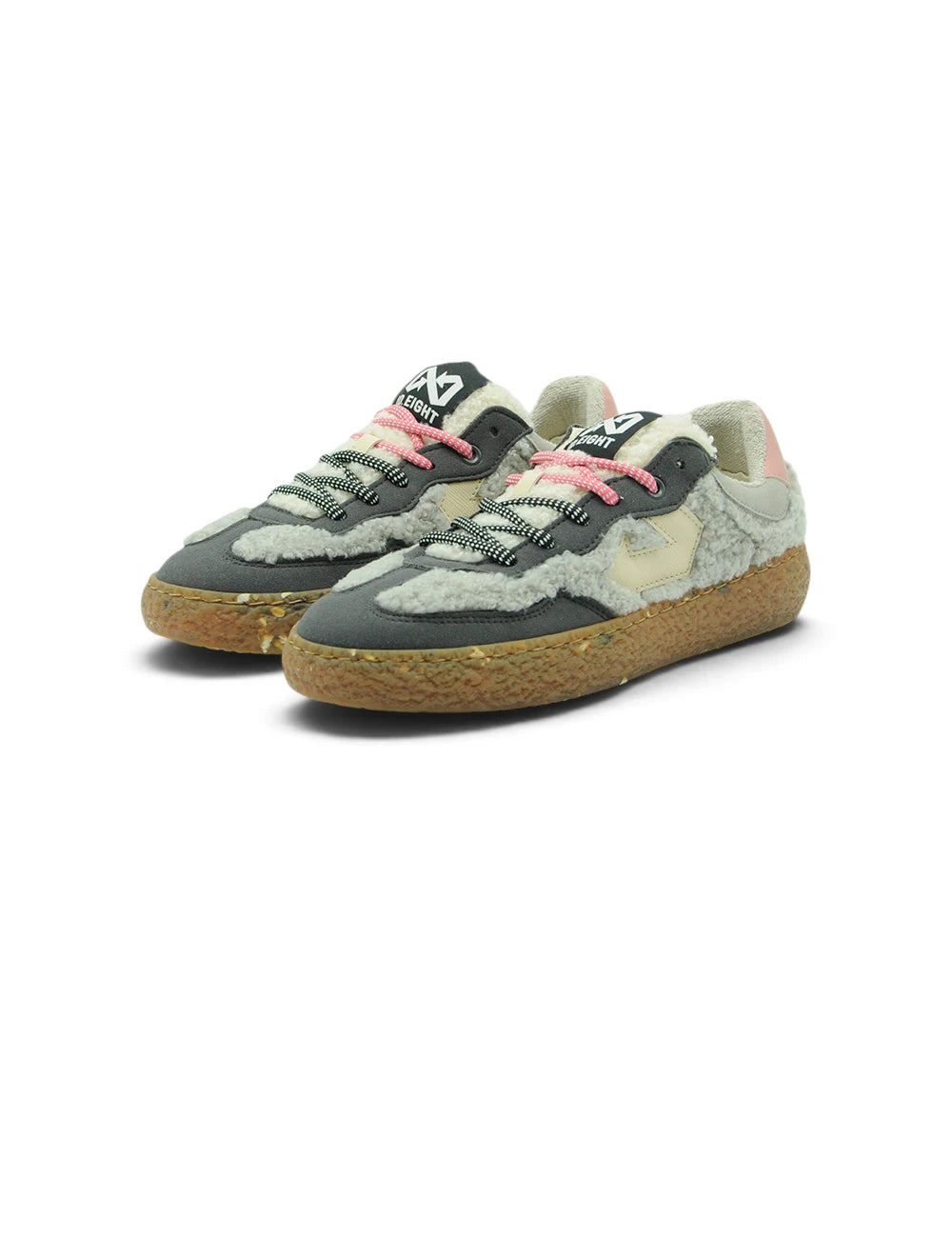 Sneakers id eight teddy pearl in suede grigio e crema con lacci rosa e suola in gomma lavorata