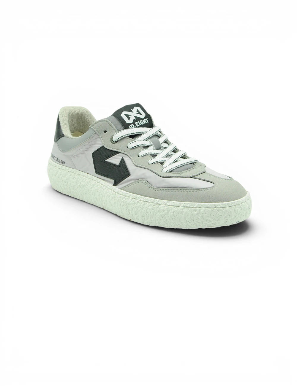 Light gray suede and canvas low-top id eight sneakers uriduri silent storm with black logo accents and white laces