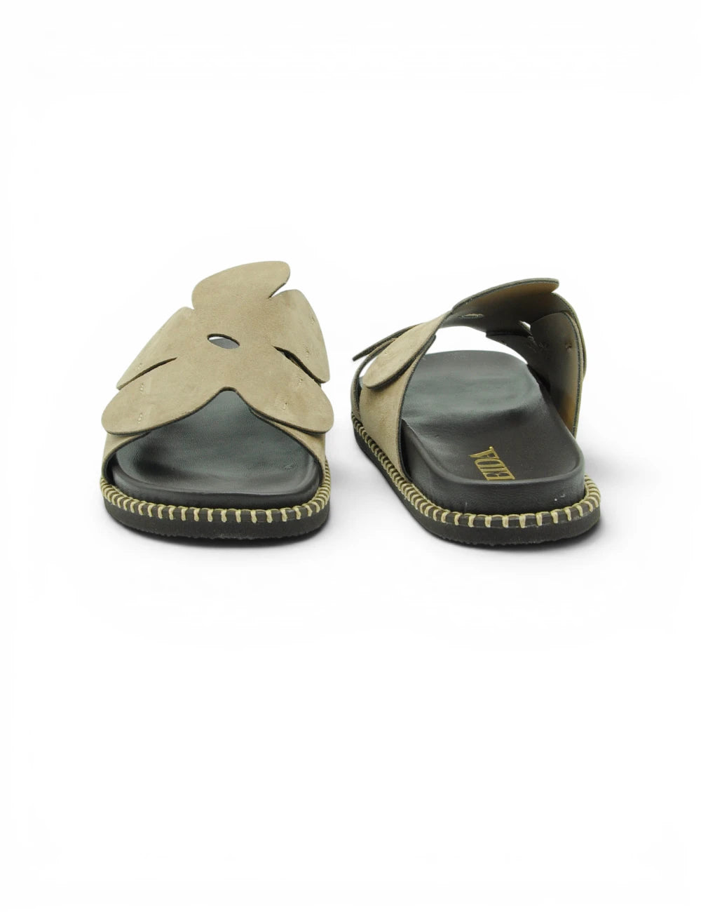 Jeida sandalo taupe beige in camoscio con dettagli a foglia e suola in gomma nera ideale per uso casual