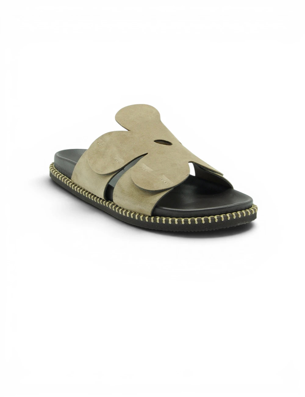 Beige sandalo jeida taupe in camoscio a forma di fiore con suola in gomma nera e rifinitura intrecciata color oro