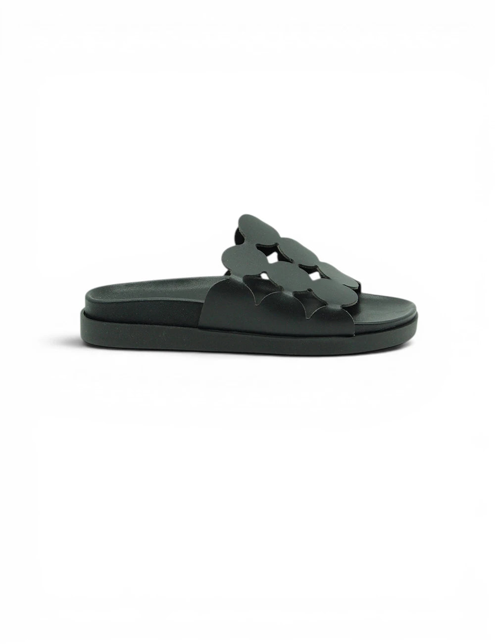 Black leather slide sandal jeida sandalo nero with scalloped overlapping circular cutouts on foot strap