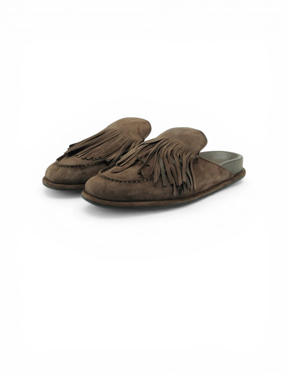 Pantofole sabot Taya Cocoa JVAM in suede marrone con frange