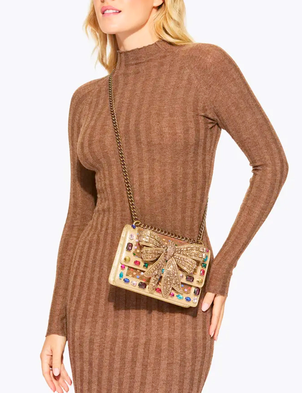 Kurt Geiger Tracolla Small Bow Shoreditch borsa crossbody dorata con fiocco scintillante e gemme colorate