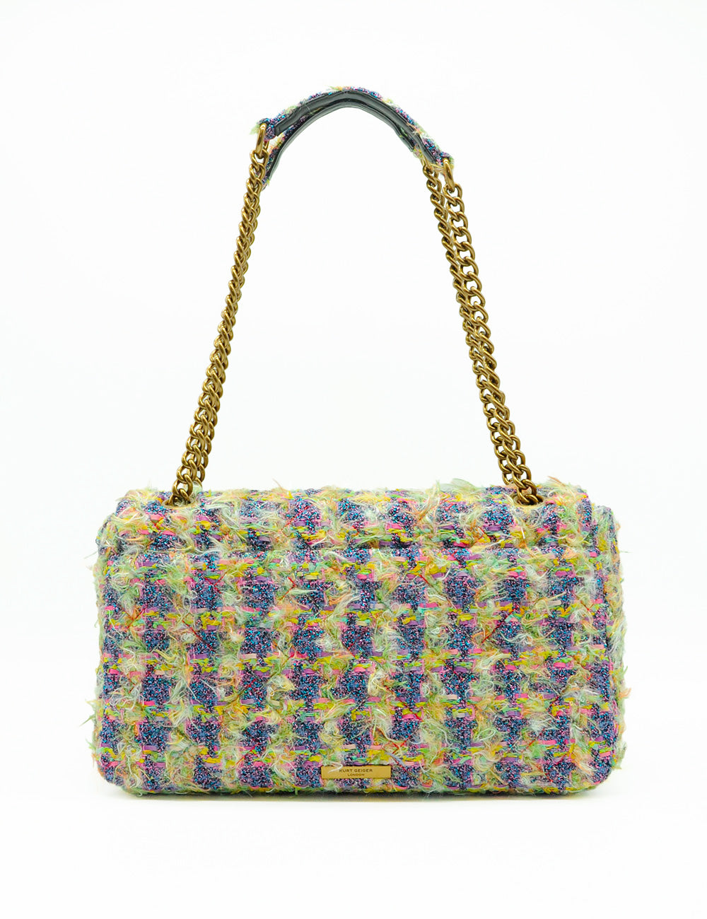 Borsa in tweed colorato Kurt Geiger Tracolla XXL Flap Kensington con catena oro