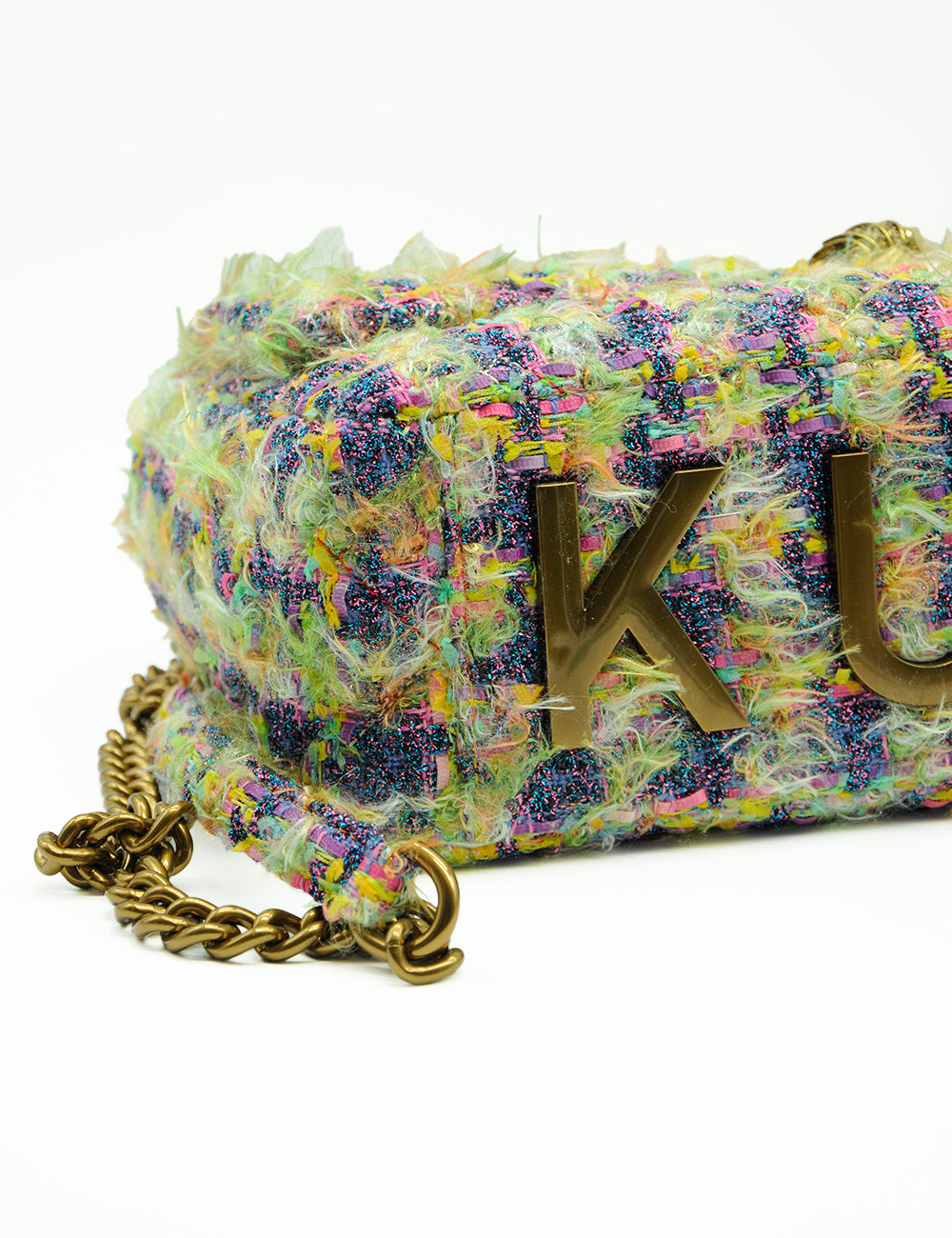 Borsa Kurt Geiger Tracolla XXL Flap Kensington in tweed multicolor con catena dorata