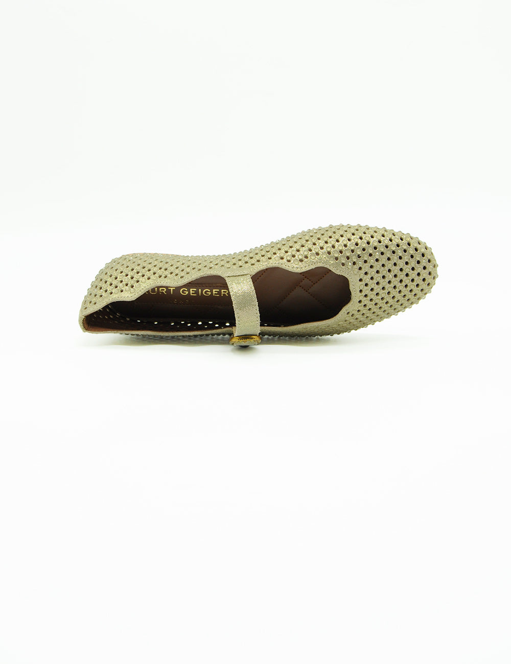 Scarpa Mary Jane Kurt Geiger Ballerina Flat Gold in pelle forata dorata con T-strap e interno trapuntato