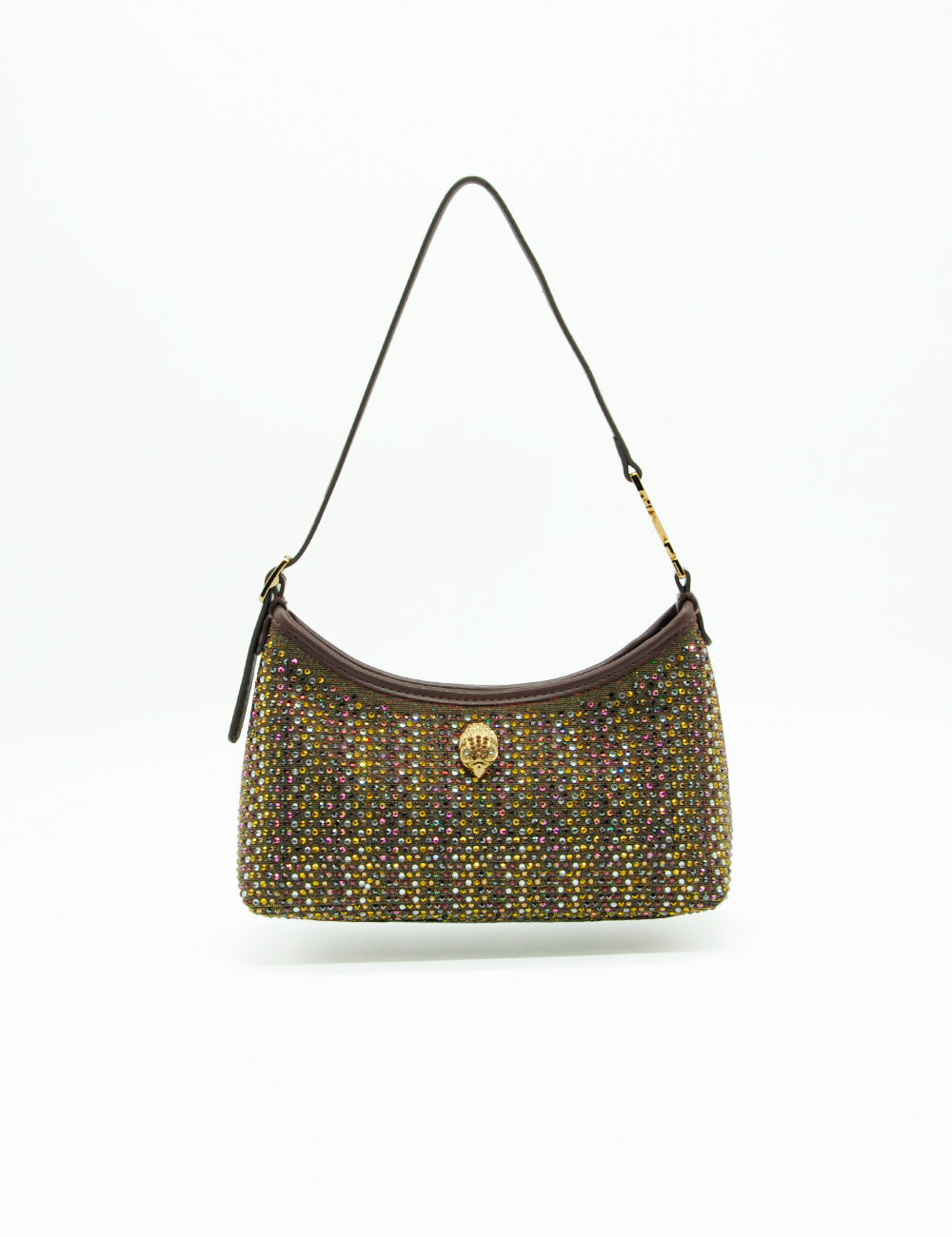 Borsa mini hobo Kurt Geiger in tessuto Kurt bronze con cristalli e chiusura corona oro