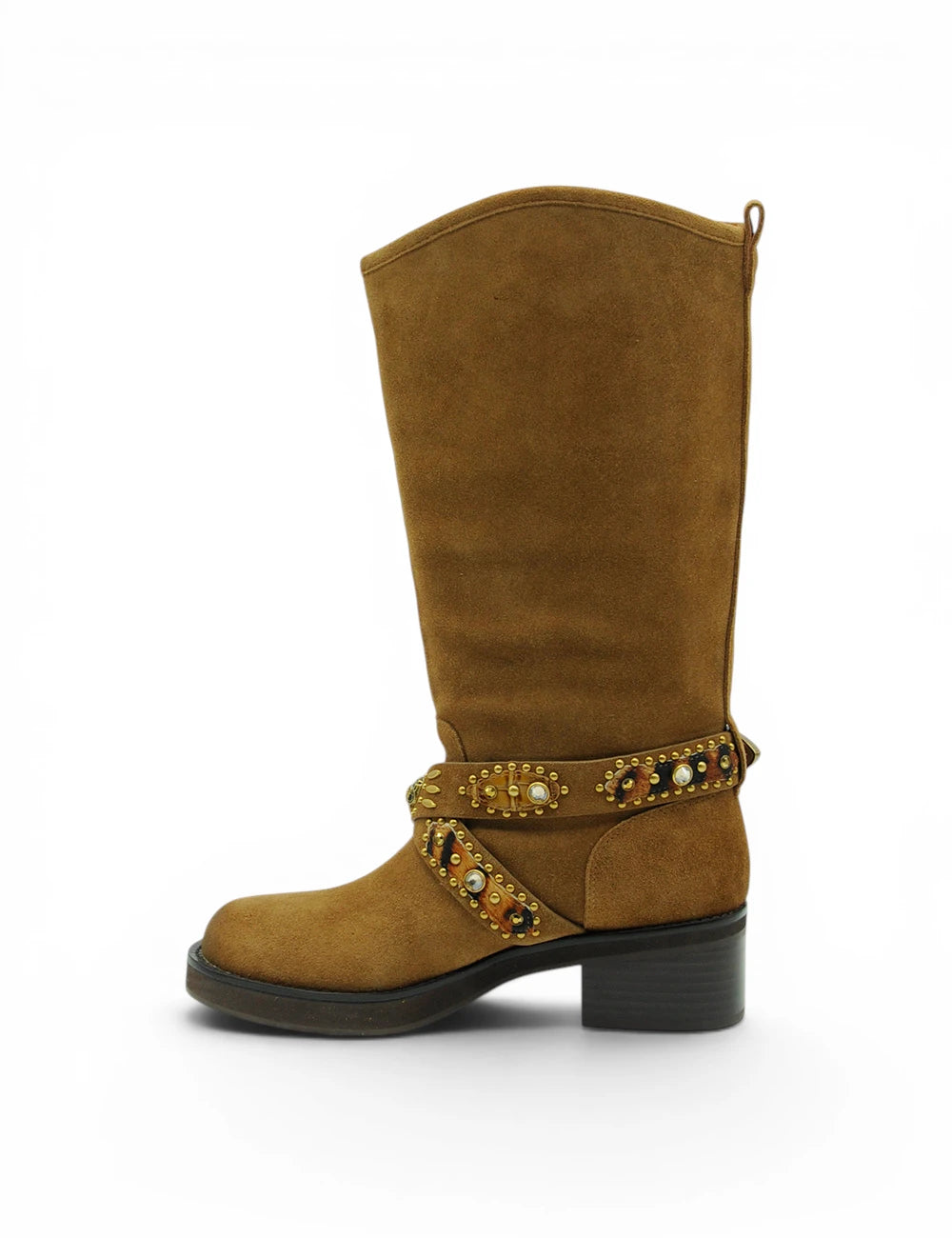 Tan suede cowboy boot kurt geiger stivale western mid biker brown with decorative strap and gold studs