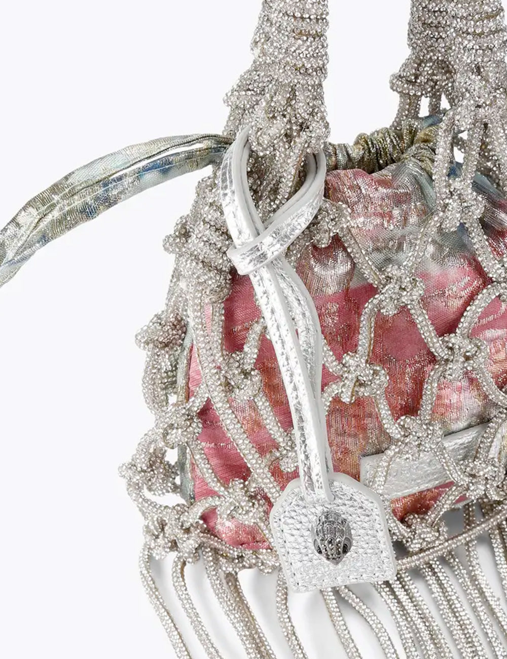 Borsa mini macramè Cristal Silver Kurt Geiger con perline argento e fodera rosa-argento