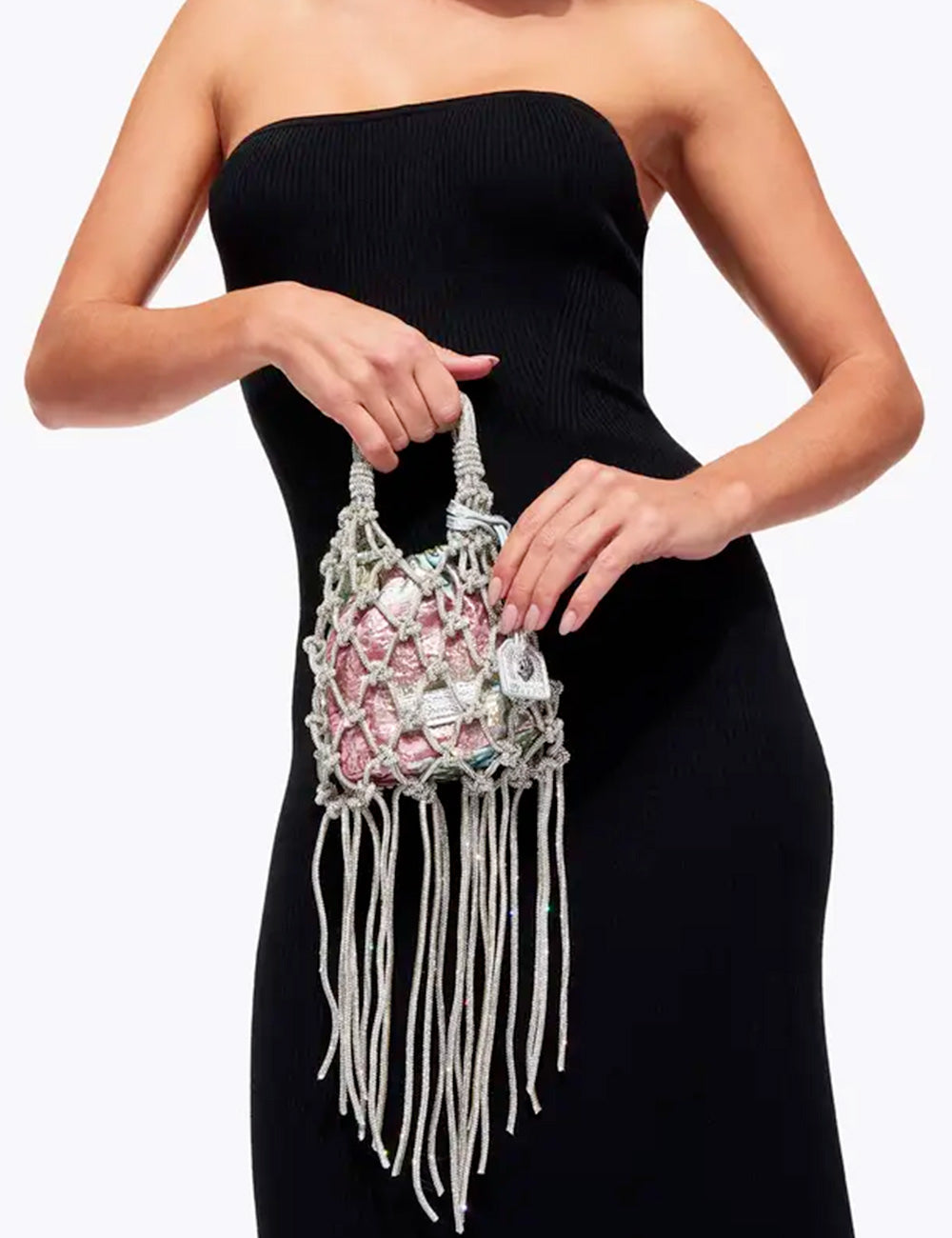 Borsa mini macramè Cristal Silver Kurt Geiger con interno rosa argento