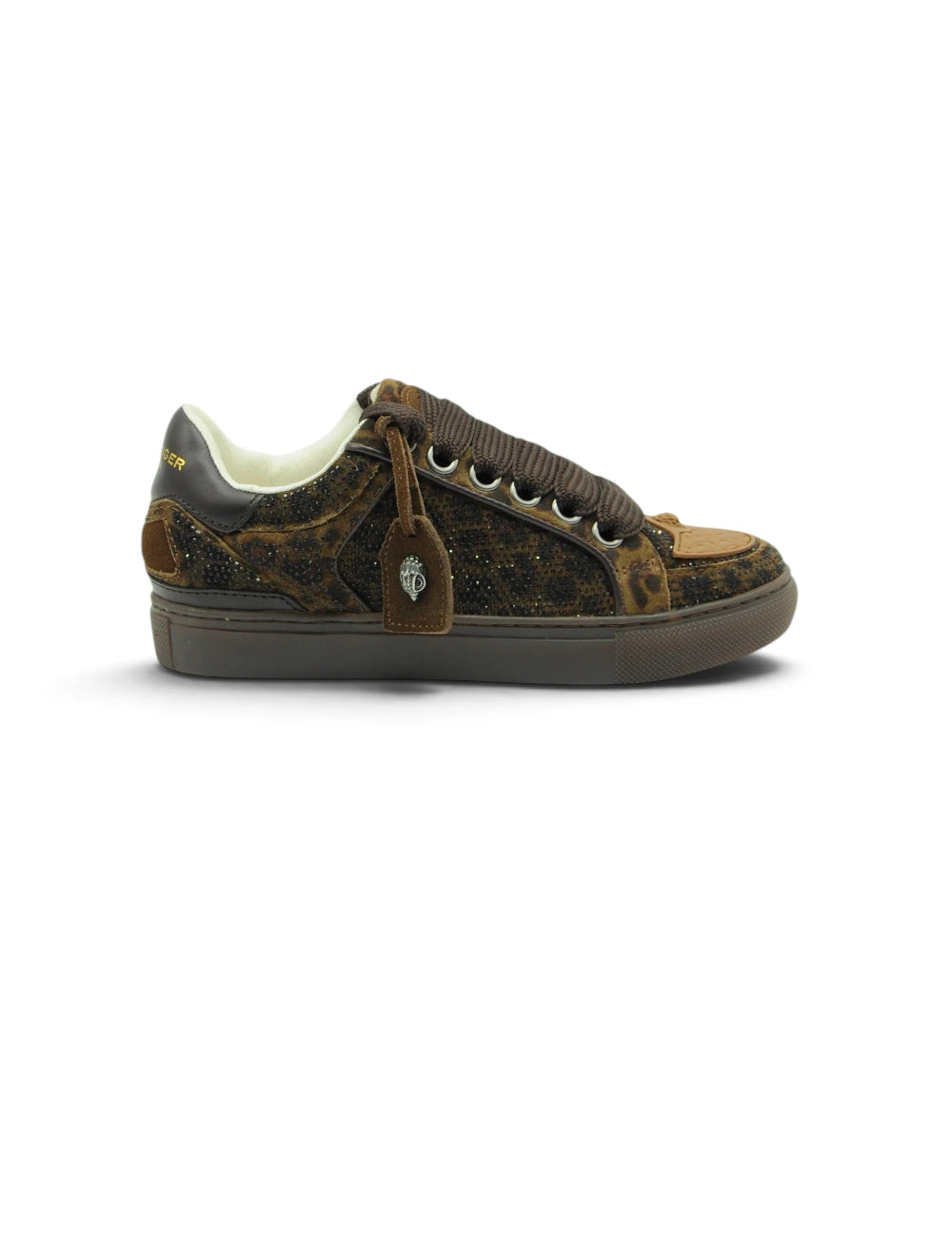 Sneaker kurt geiger southbank velvet in suede marrone leopardato con dettagli beige e lacci intrecciati