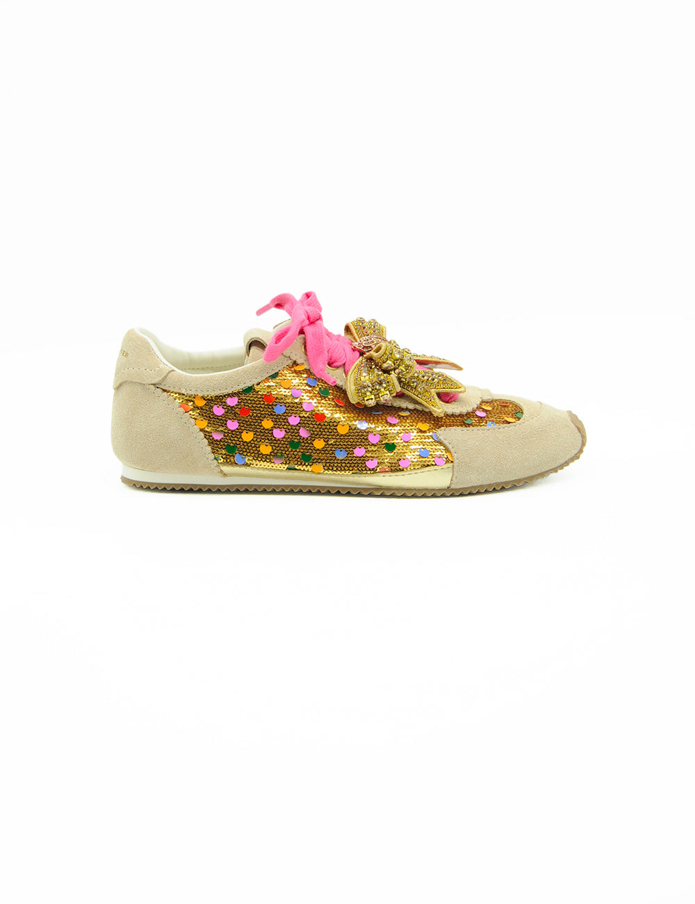 Sneaker Kurt Geiger Islington Bow Gold in camoscio beige con pannello sequin colorato