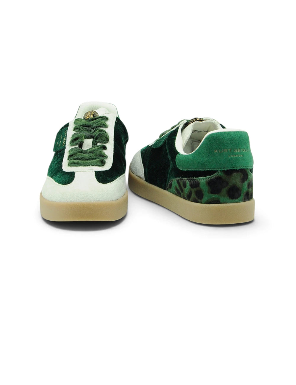 Kurt Geiger sneaker Barbican Velvet verde e bianca in suede con accenti leopardati e suola in gomma color tan
