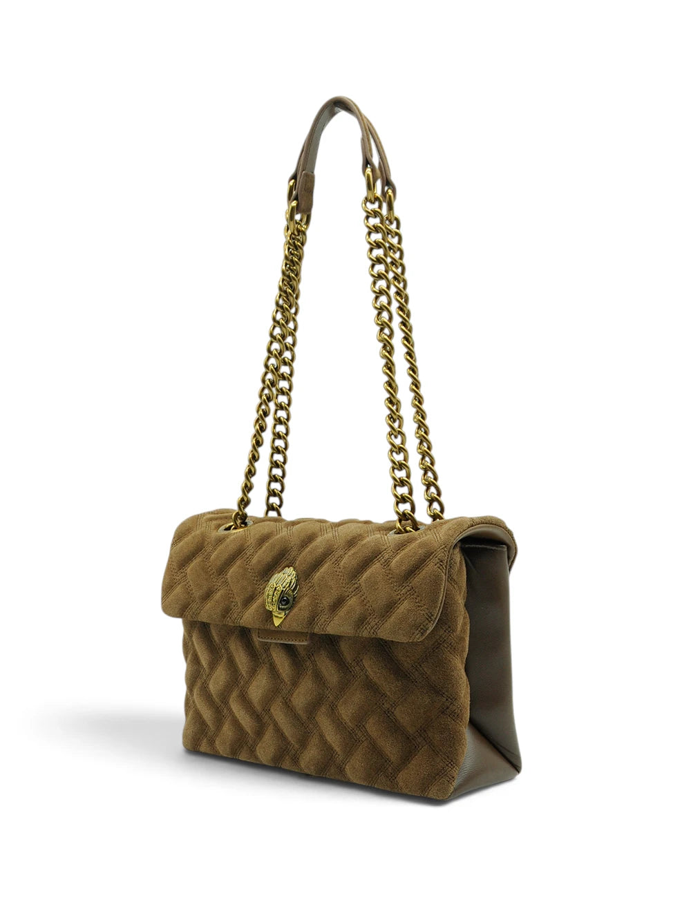 Kurt Geiger borsa Kensington in suede marrone taupe trapuntata con tracolla catena oro e chiusura leone dorata