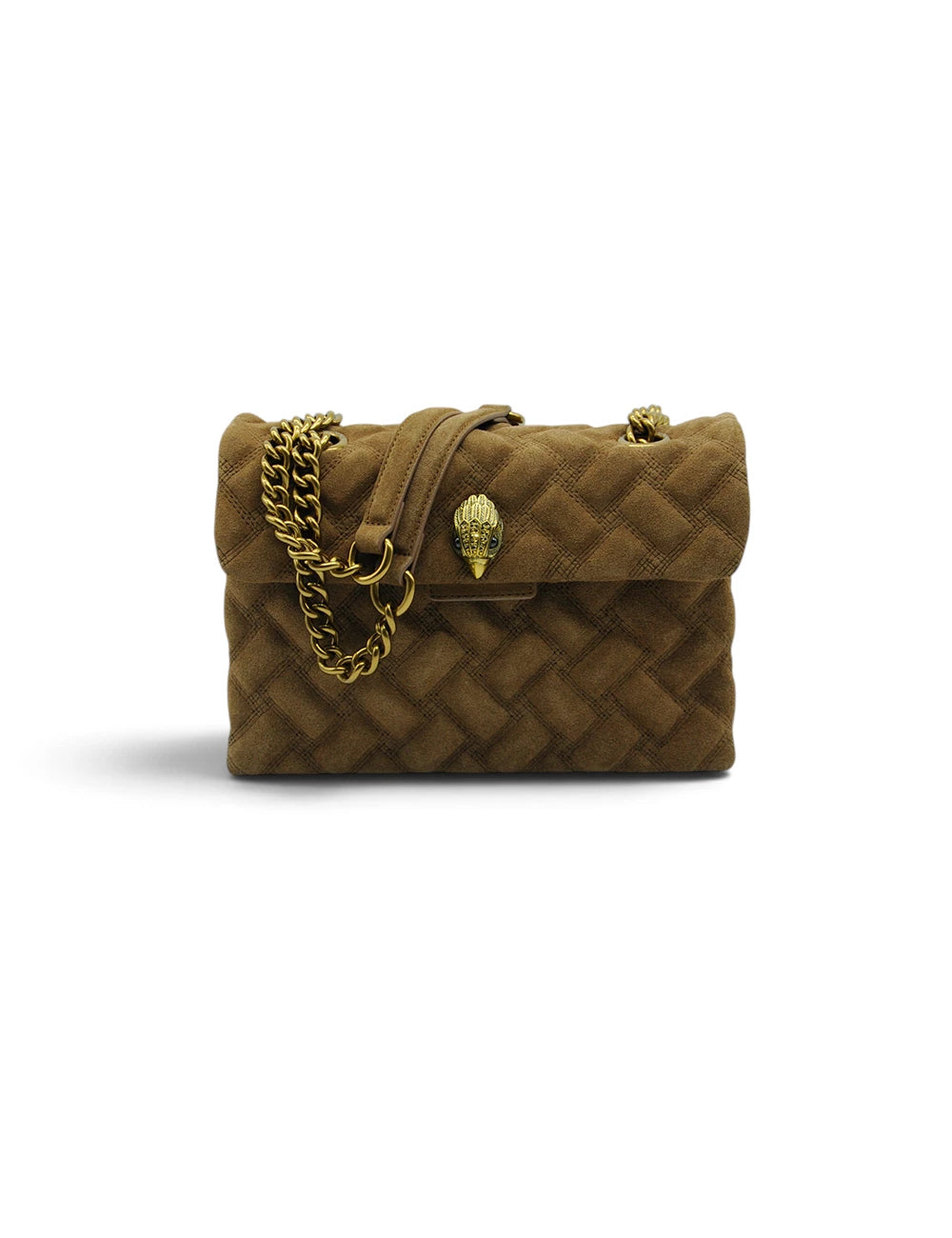 Borsa a tracolla kurt geiger borsa kensington in camoscio marrone con motivo a rombi e catena dorata con chiusura testa di leone