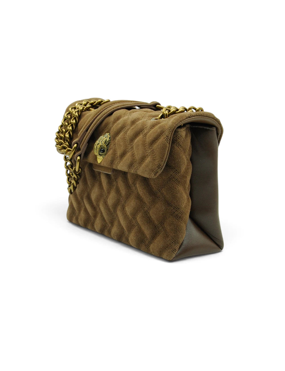 Borsa a tracolla kurt geiger kensington in suede marrone con motivo trapuntato catena dorata e chiusura testa di leone