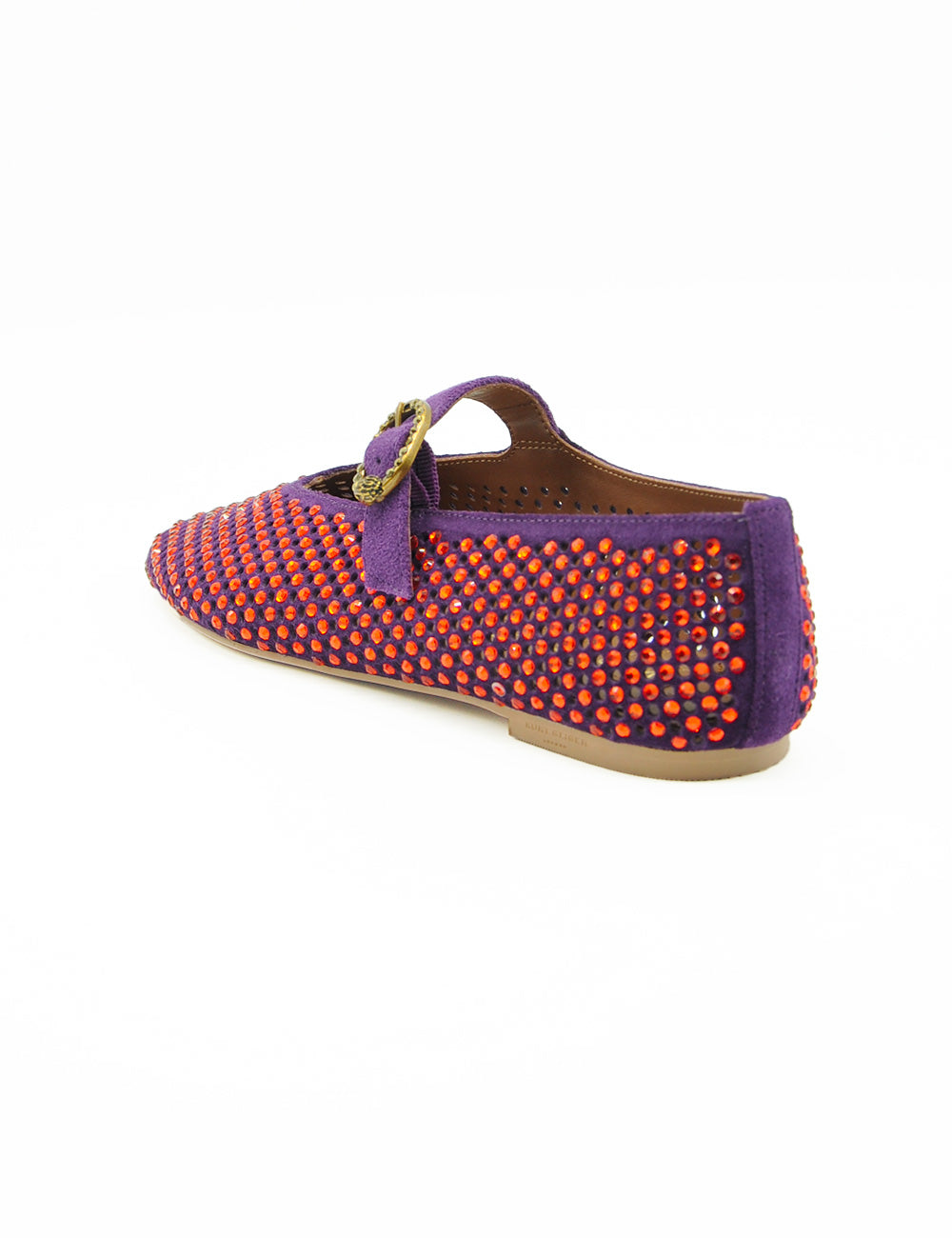 Scarpa flat Mary Jane in suede viola Kurt Geiger Ballerina Mayfair con borchie arancioni e fibbia dorata
