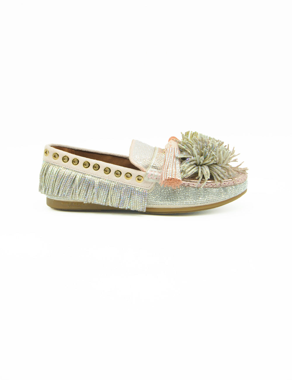 Mocassino Kurt Geiger con pom pom metallico, glitter argento, frange e borchie oro