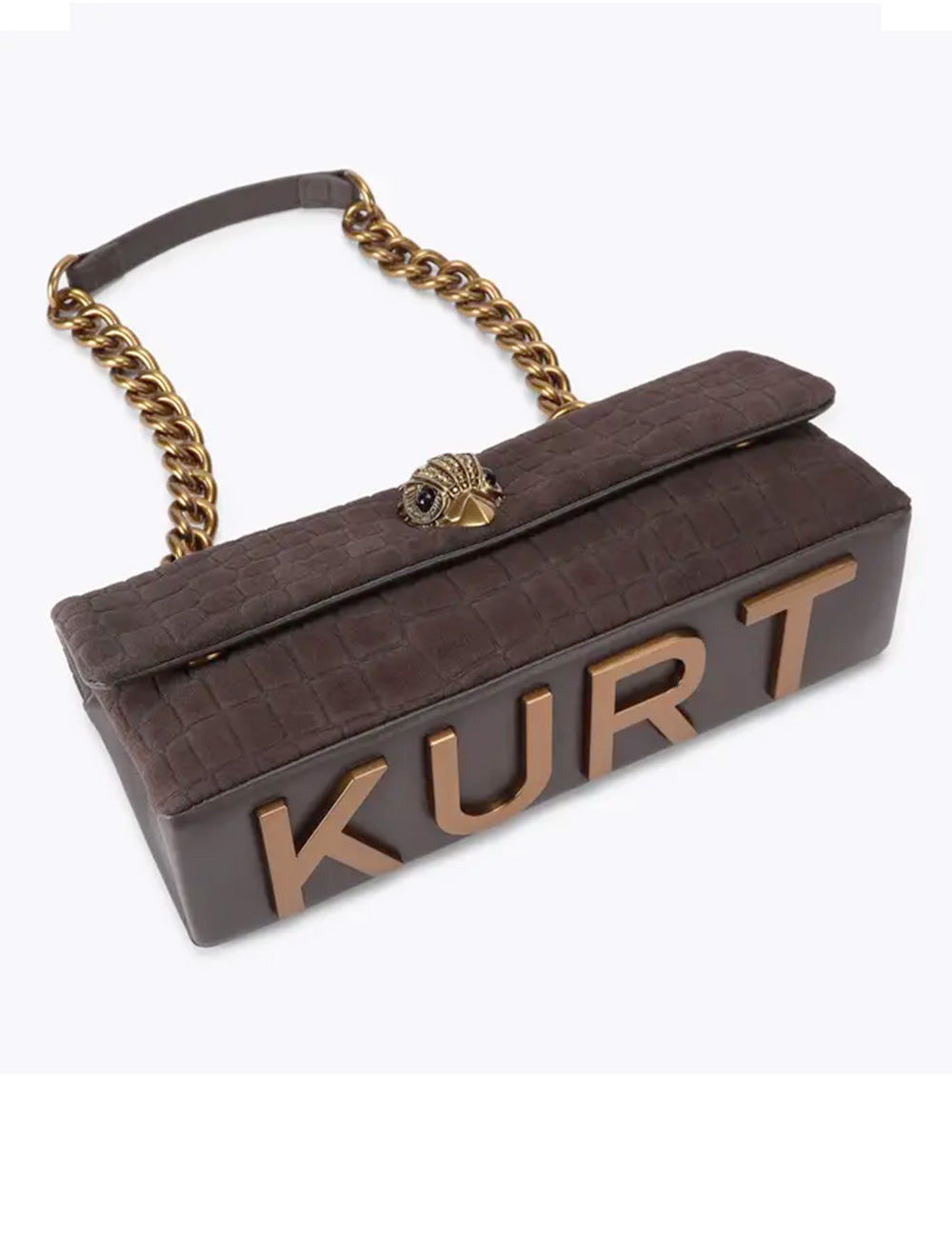 Borsa kurt geiger kensington east west marrone in pelle effetto coccodrillo con lettering oro e tracolla a catena