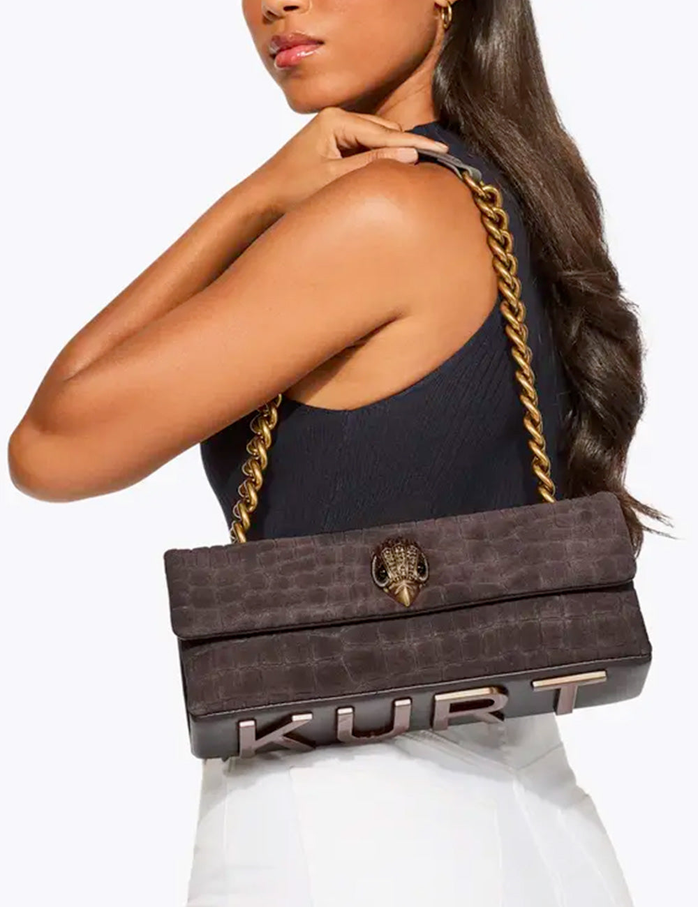 Borsa kurt geiger kensington east west marrone in pelle marrone scuro effetto coccodrillo con tracolla catena oro