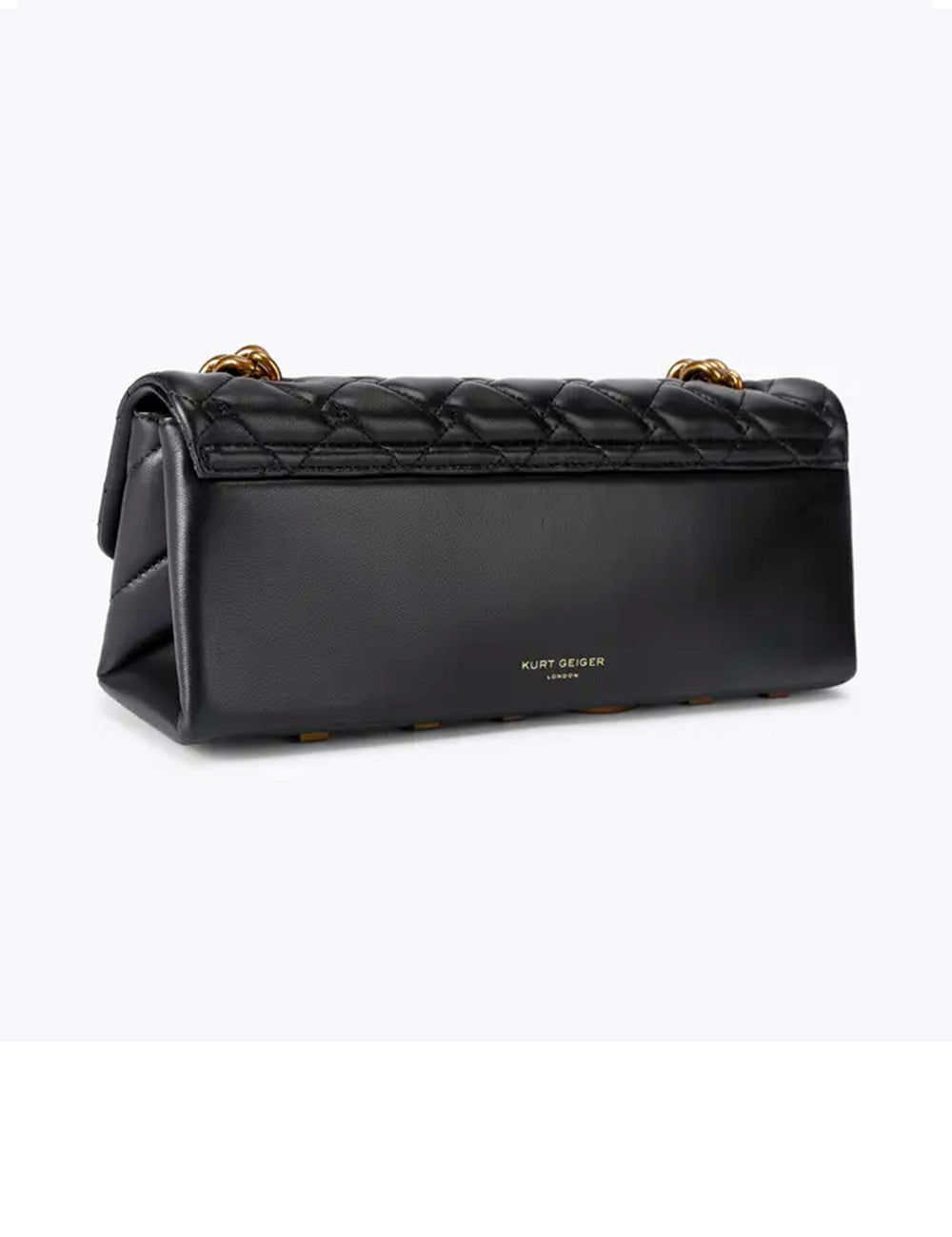 Black quilted leather clutch bag with gold-tone chain handles and minimalist logo plaque by kurt geiger