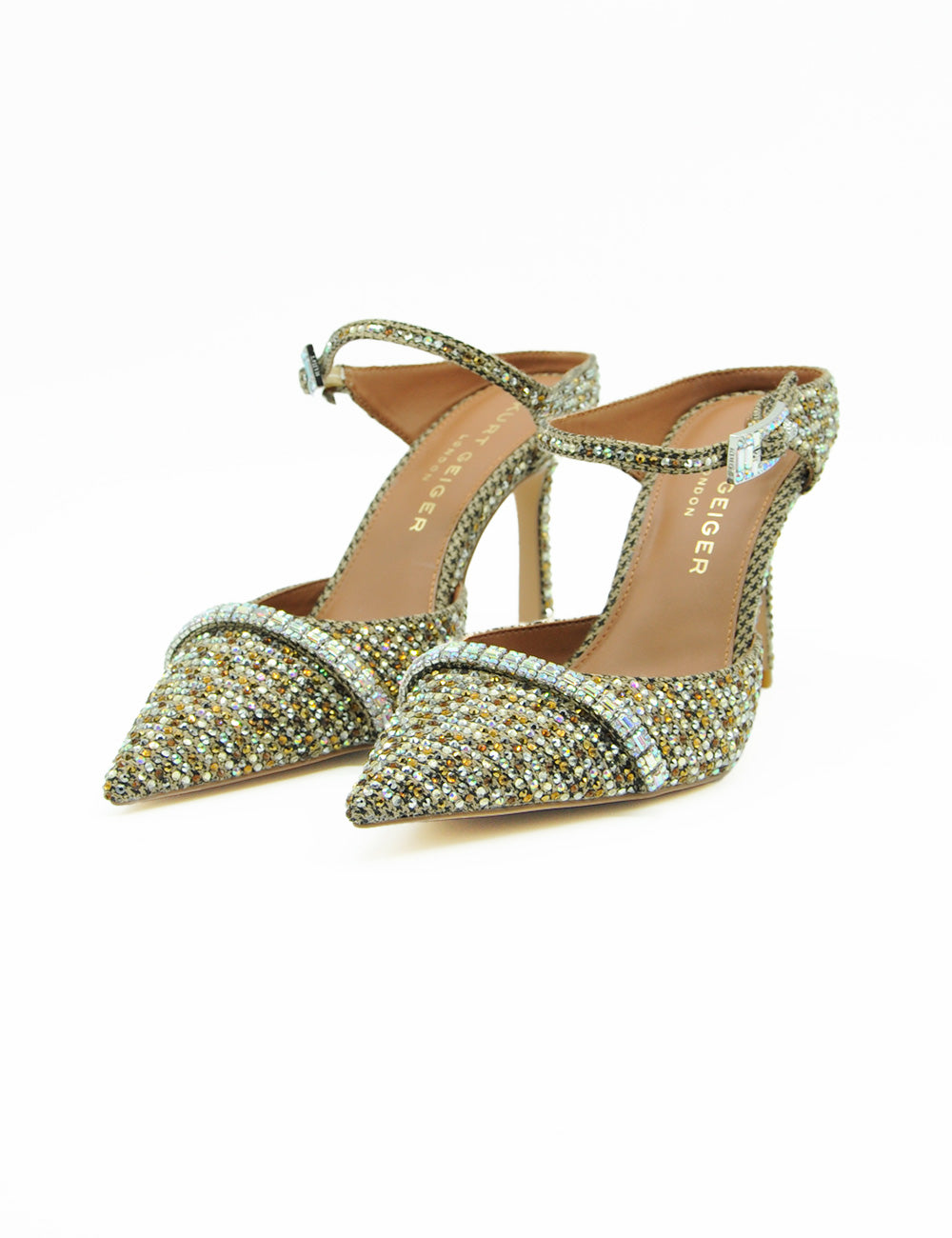 Scarpe Kurt Geiger Mule Strass Point con glitter oro e argento