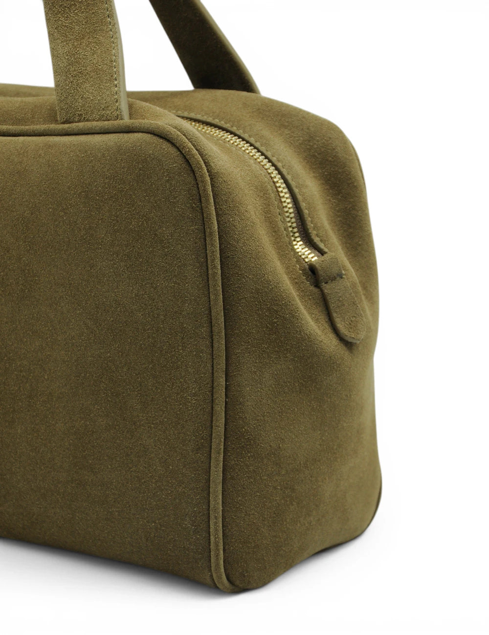 Olive green suede duffel bag with gold-tone zipper and matching handles from liviana conti baulotto talassia brown cash