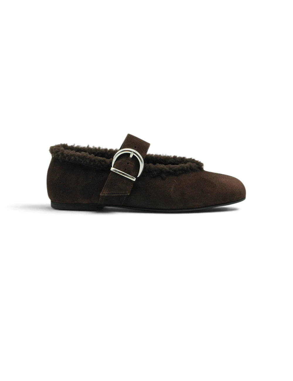 Brown suede mary jane flat with silver buckle and plush shearling lining liviana conti ballerina solene espresso