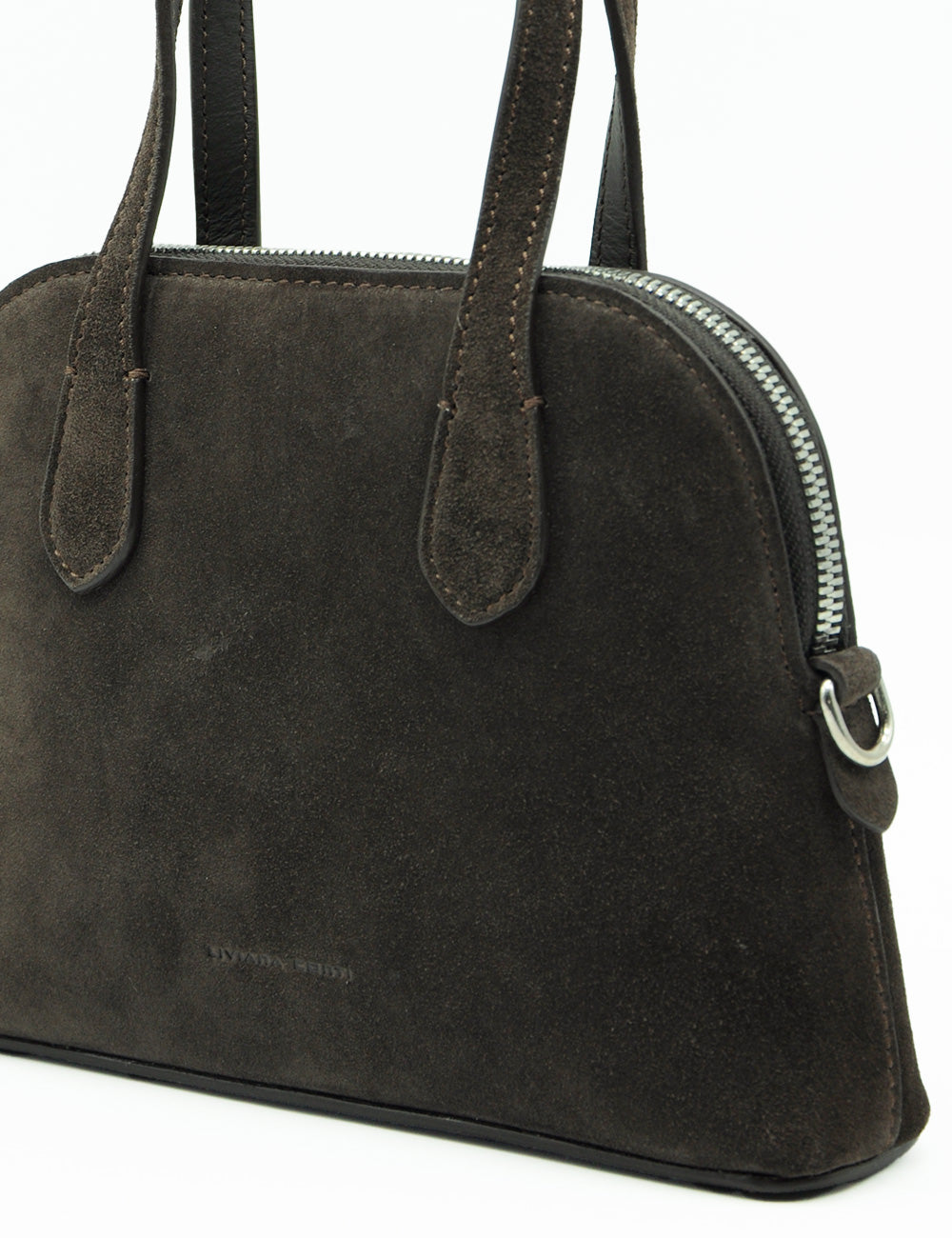 Borsa Liviana Conti Lucille Fondente in suede marrone scuro con manici in pelle nera e zip argento