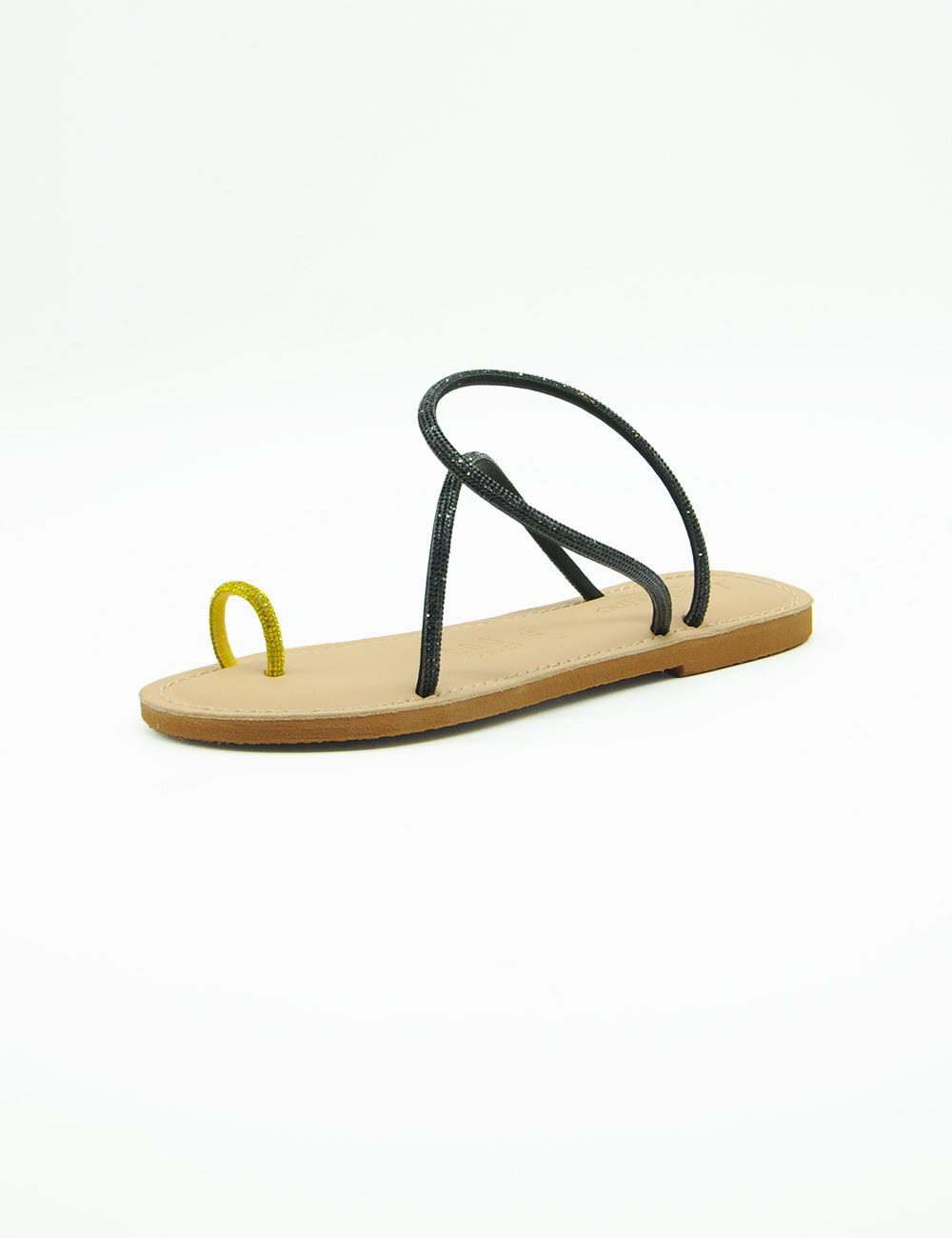 Infradito strass Le Salentine: sandalo nero glitter con anello giallo e suola cuoio