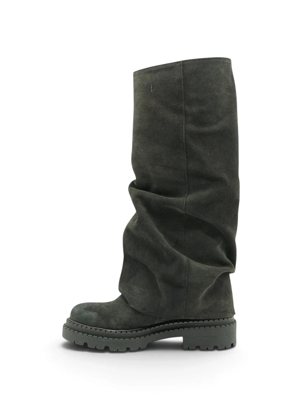 Dark olive green suede knee high boot with chunky rubber sole from Les Tulipes Stivale Pepe