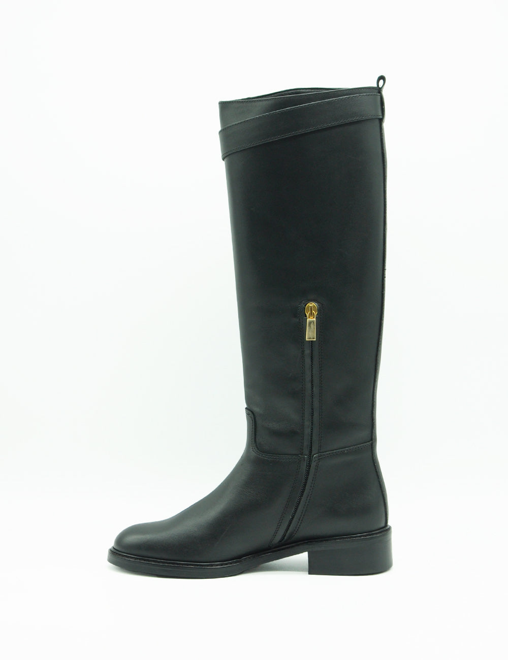 Stivale Les Tulipes Nero in pelle nera con zip oro e tacco basso