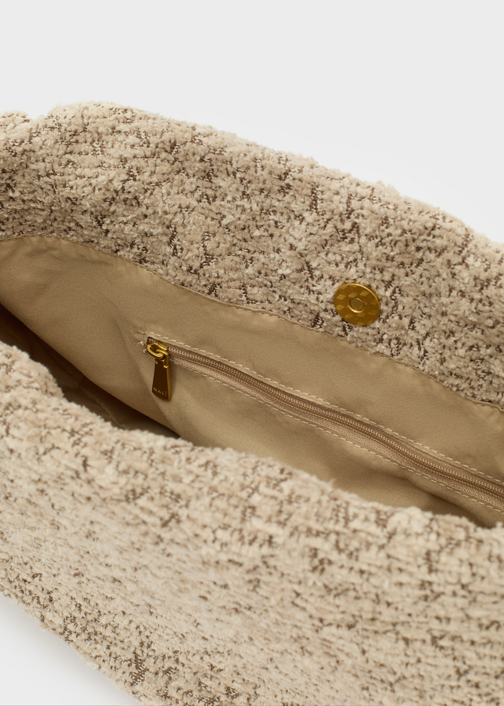 Beige tweed nalì a spalla seraphine panna con cerniera e bottone oro tono sulla spalla