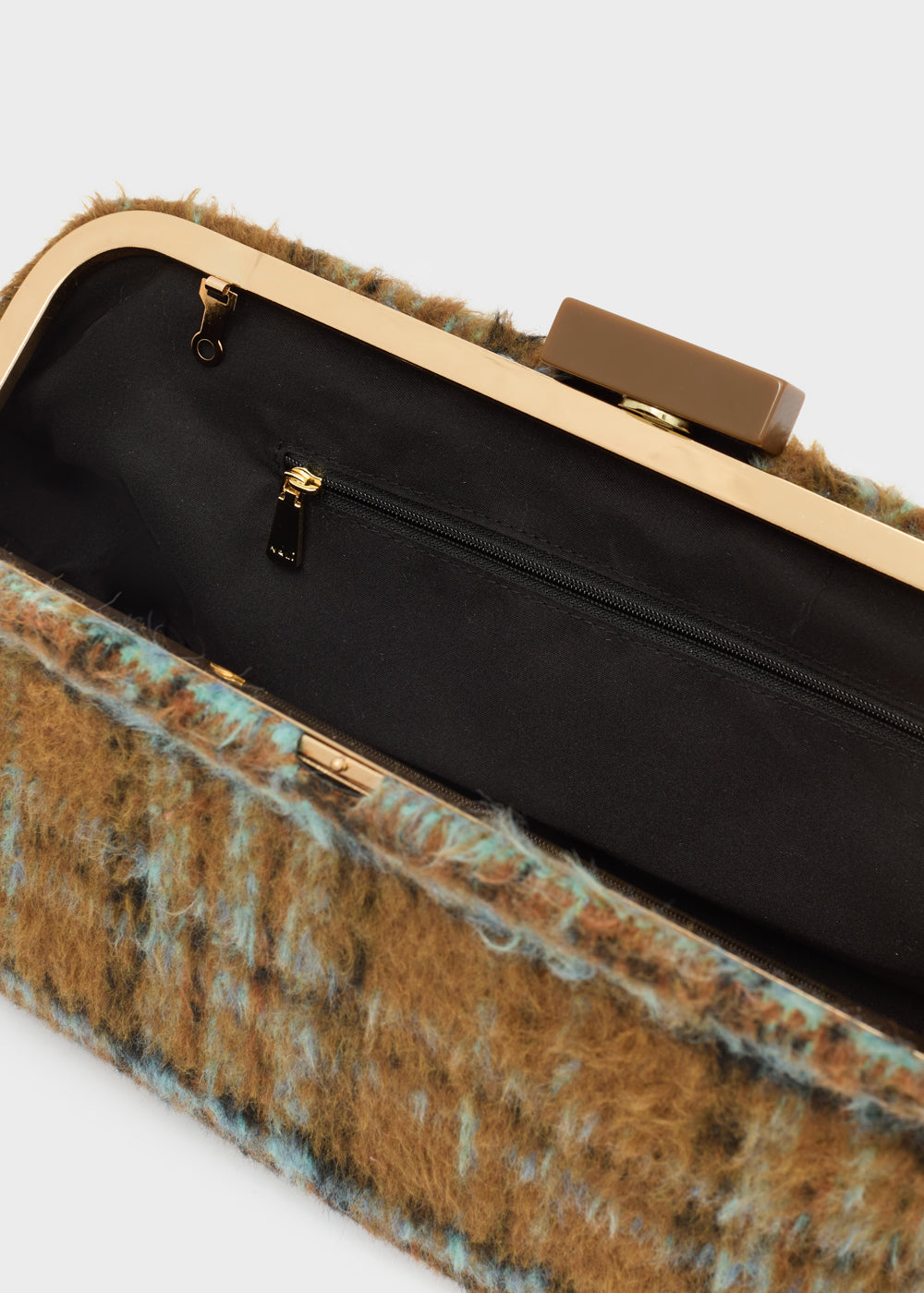 Nalì pochette luxe marrone in plaid morbido marrone e teal con cornice e chiusura oro elegante