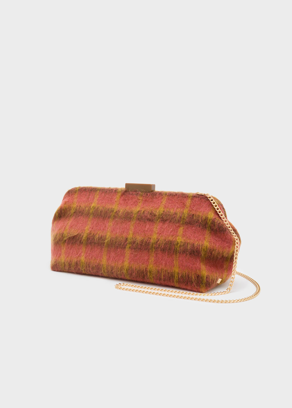 Nalì pochette luxe mattone è una clutch accogliente a quadri in toni caldi di rosso e senape con tracolla a catena oro