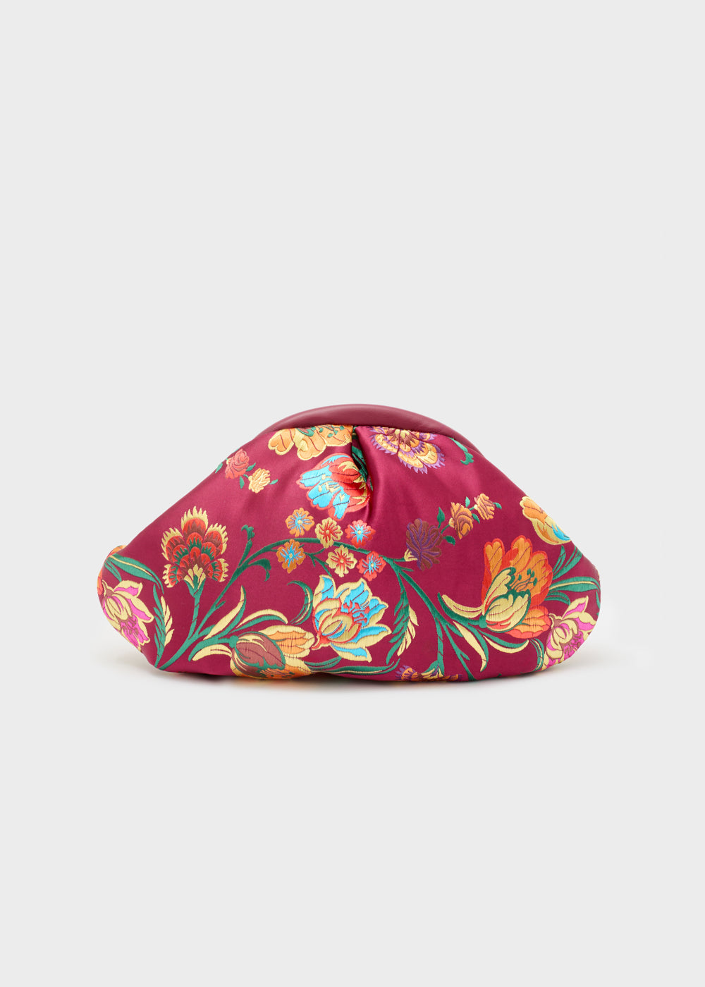 Nalì pochette Uranus Bordeaux magenta con motivo floreale arancione blu e verde dettagliato