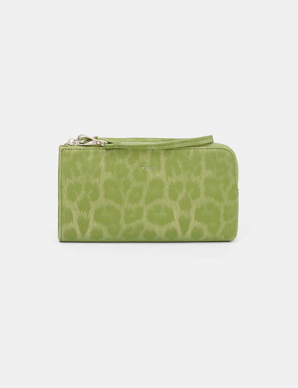 Nalì Portafogli Perth Verde, portafoglio verde lime con stampa leopardo, cerniera argento e laccio polso