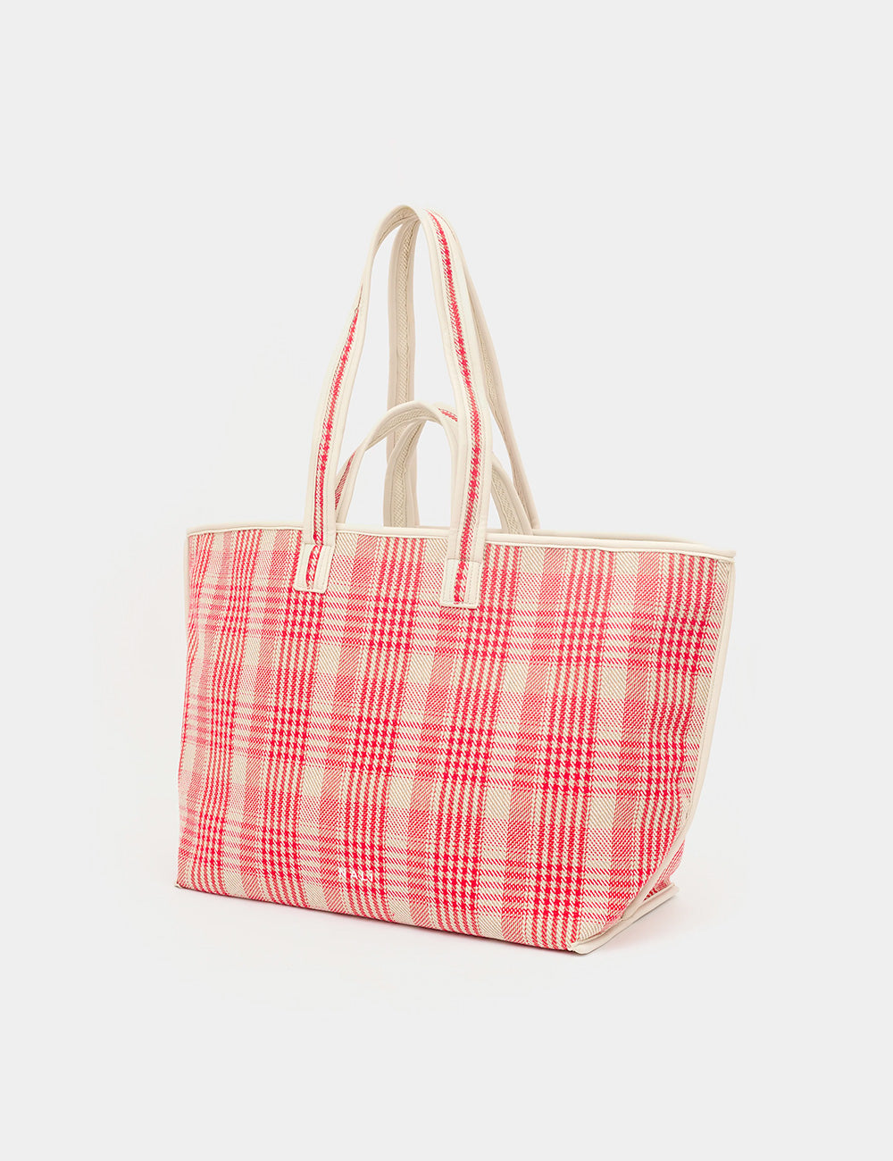 Borsa tote Nalì A Spalla Kasia Double Rossa in tela rosa e crema a quadri con manici abbinati