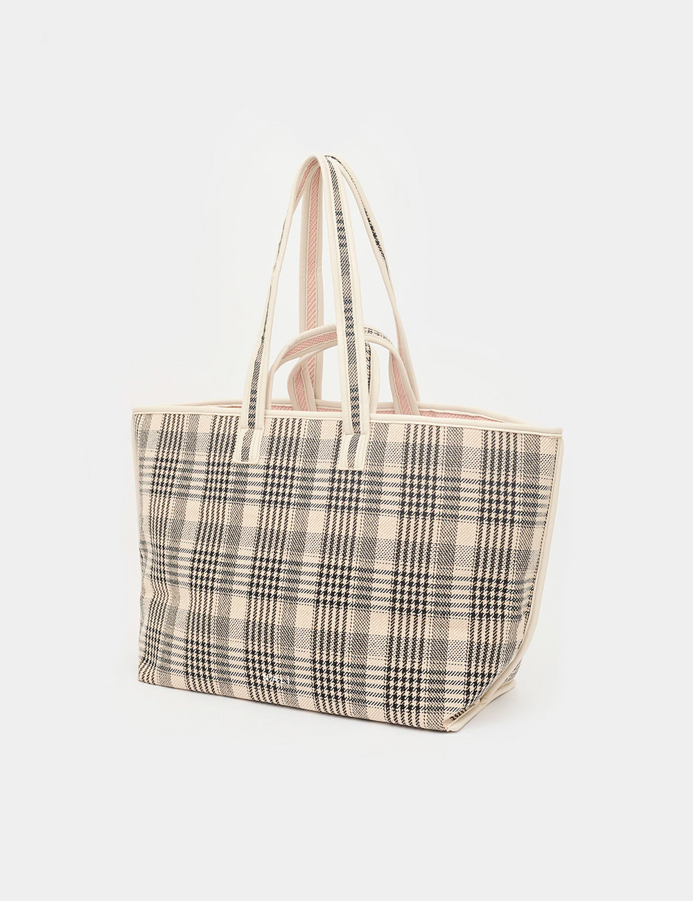 Borsa tote Nalì A Spalla Kasia Double Nera in tela beige e nera a quadri con manici abbinati