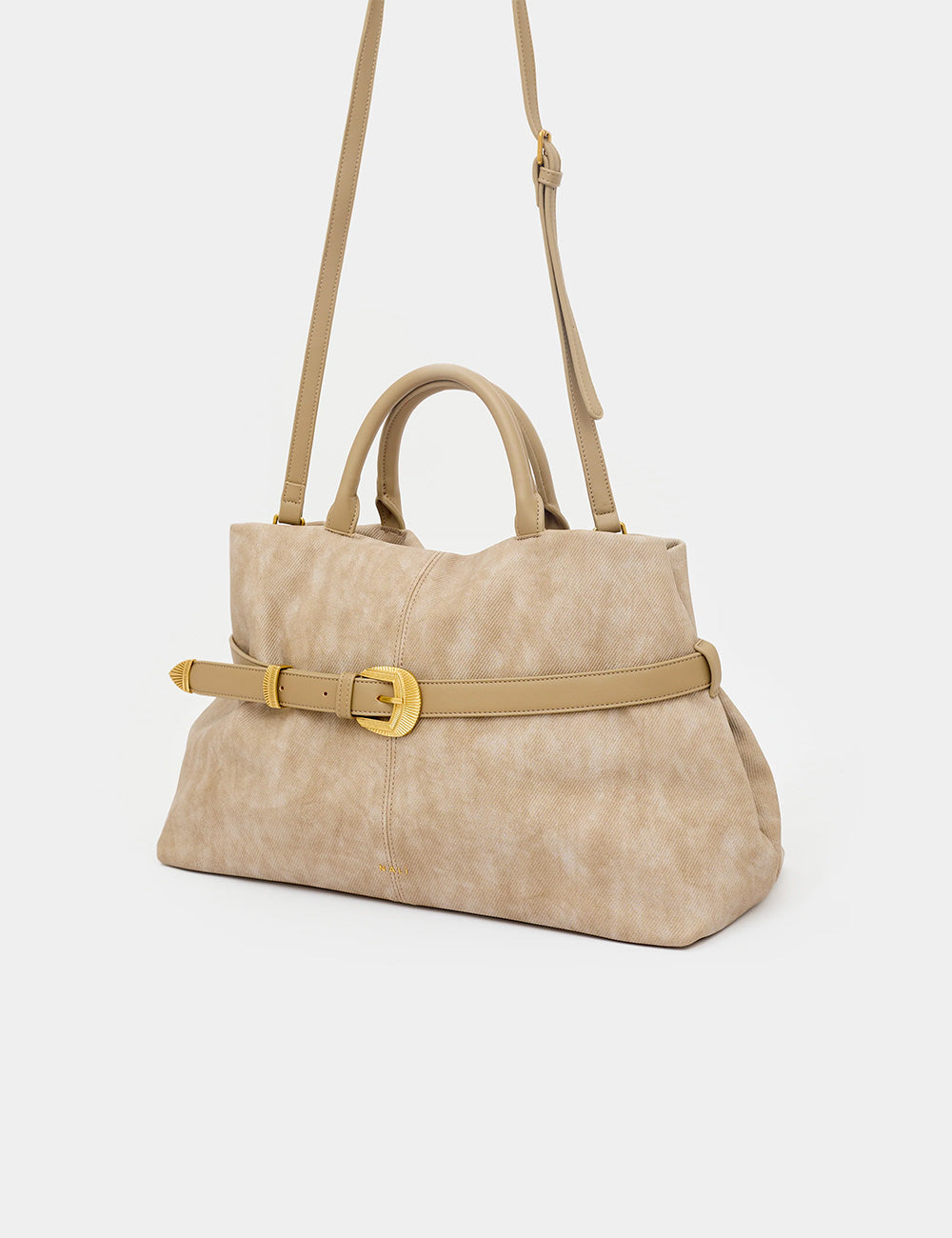 Borsa Nali A Mano Melissa Marrone in suede beige con cintura e fibbia oro