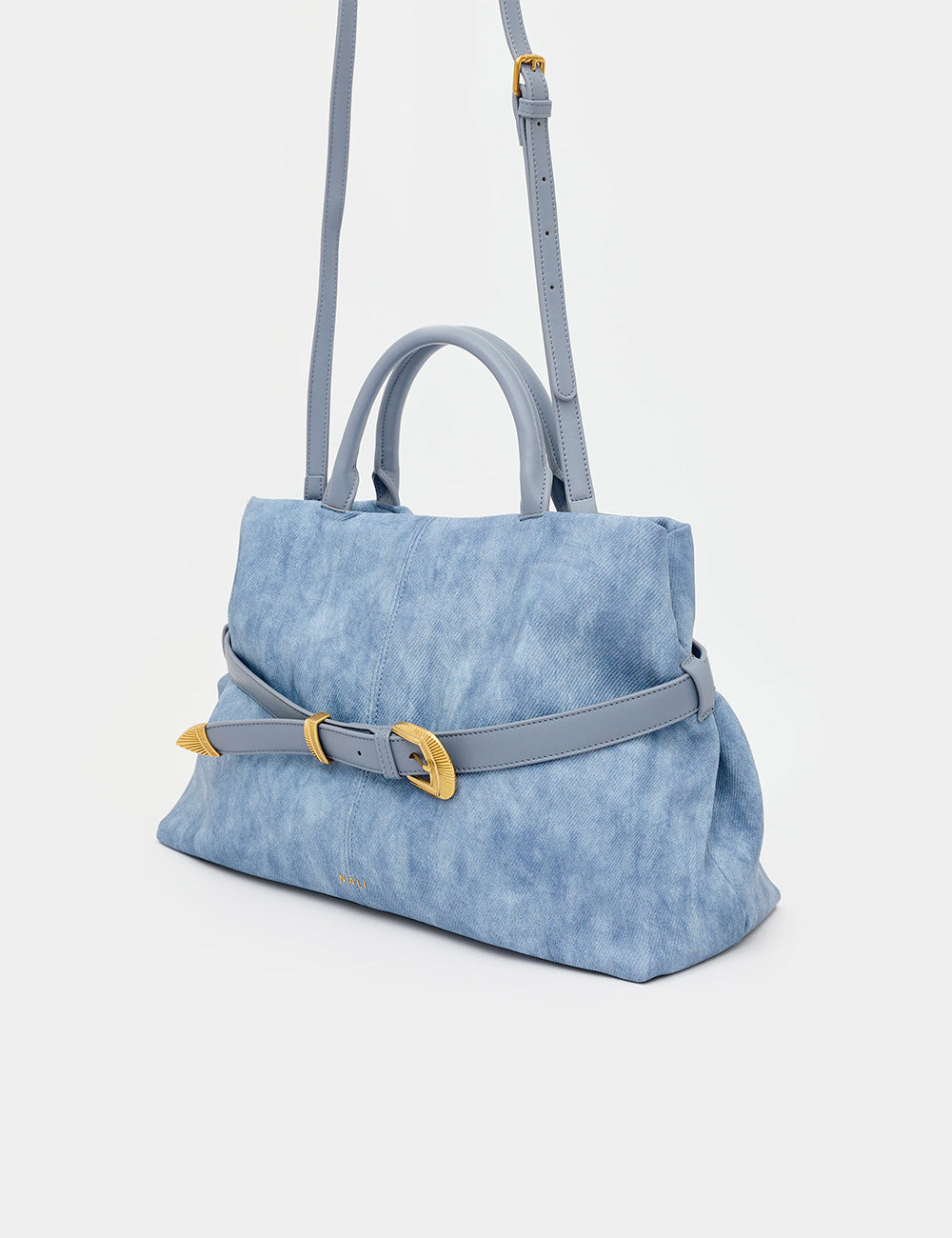 Borsa Nalì A Mano Melissa Blu in suede azzurro chiaro con cintura e fibbia oro