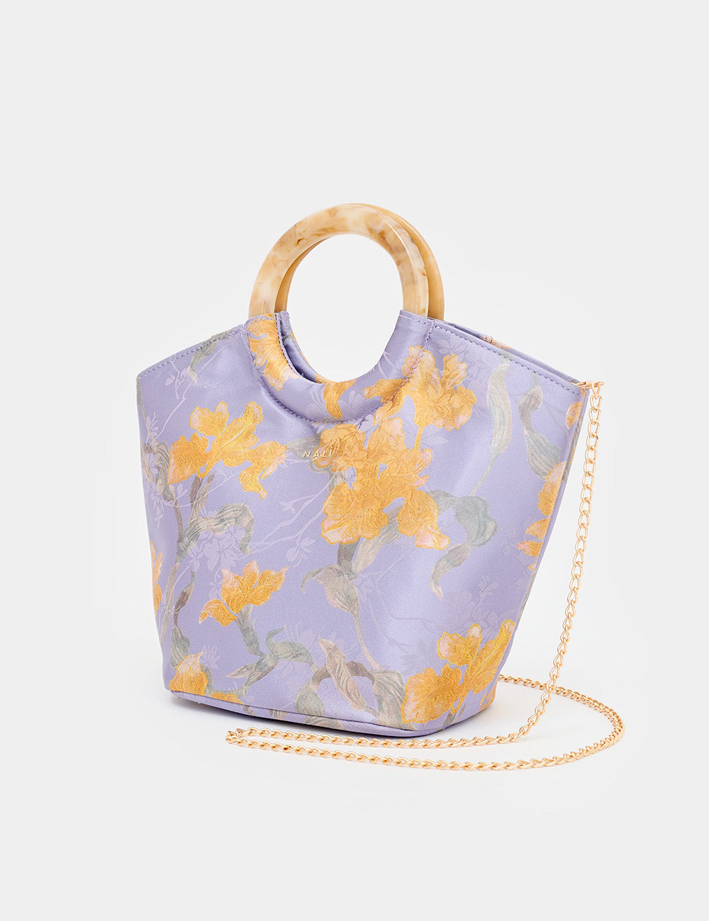 Borsa Nalì A Mano Madrid Viola in lavanda con floreali gialli grigi, manici in legno e catena oro