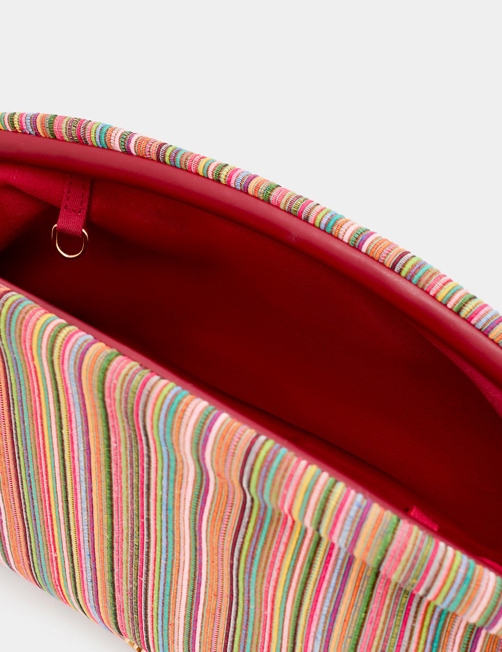Clutch Nalì A Mano Malaga Rosa con righe multicolor, interno rosso e rifinitura abbinata