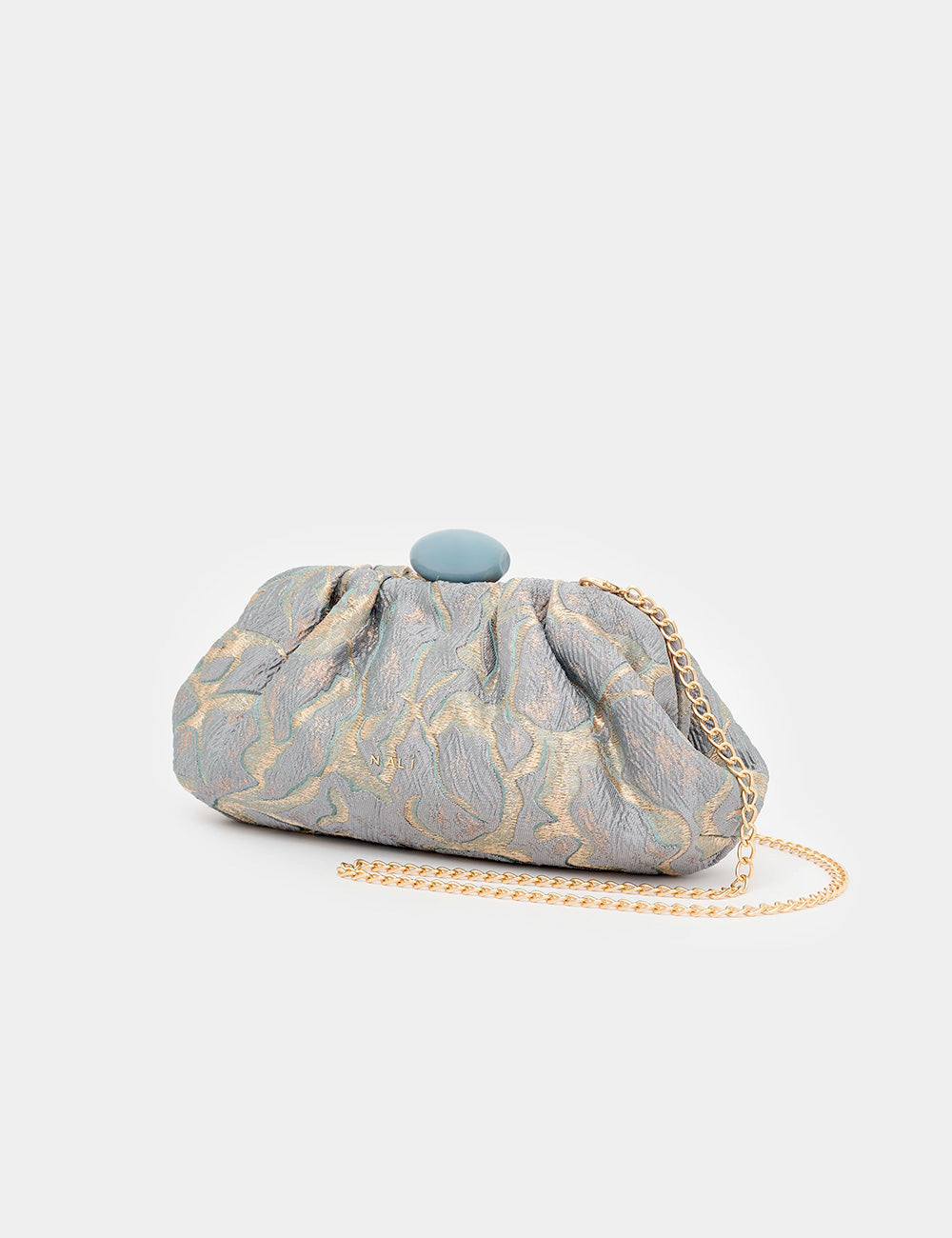Pochette Nalì Isabella Blu grigia con motivo foglia oro e bottone azzurro