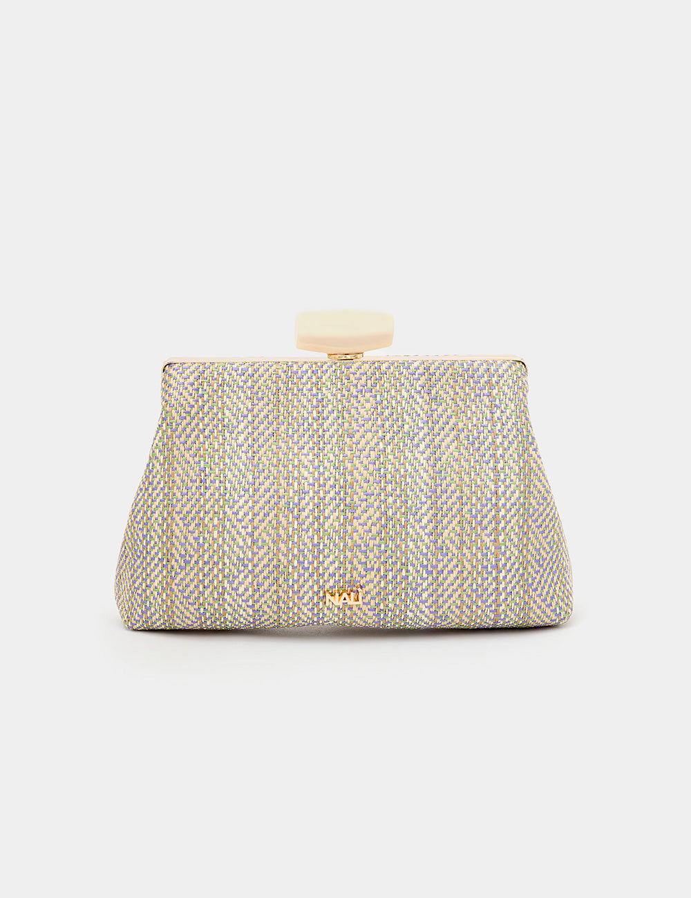 Clutch Nalì Julia Viola in argento herringbone con chiusura acrilica crema e hardware oro